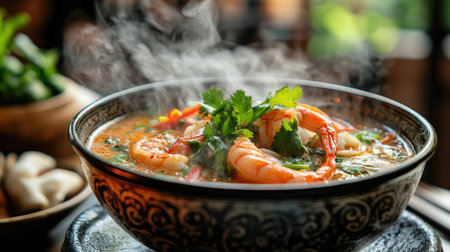 Detailed view of a steaming bowl of Tom Yum Goong with shrimp and herbs, placed on a traditional Thai table settingの素材