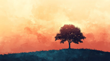 Detailed view of a lone tree silhouetted against a bright sunrise, with a gradient of warm colors and soft cloudsの素材