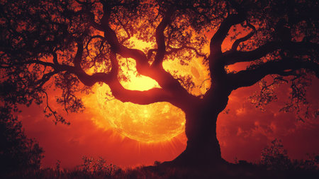 Detailed view of a tree with sprawling branches in silhouette, framed by a large, setting sun with a warm glowの素材