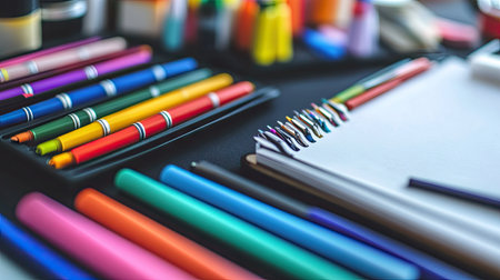 Detailed view of a workspace with colored pens arranged by color on a desk, alongside sketchpads and creative materialsの素材