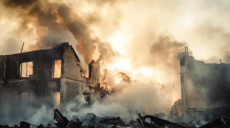 Detailed view of smoke rising from an abandoned building fire, with remnants of the structure and firefighting effortsの素材
