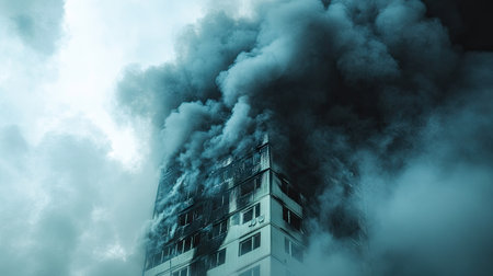 Detailed view of dark smoke billowing from a residential building fire, with firefighters and emergency response in actionの素材