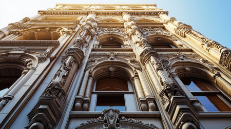 Detailed view of a tall building exterior with intricate architectural details and sharp anglesの素材