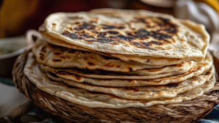 Detailed view of a stack of soft, warm rotis with a slightly charred surface, served on a traditional woven basket -の素材
