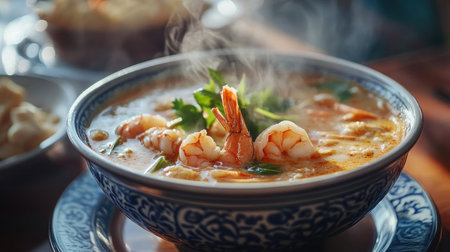 Detailed view of a steaming bowl of Tom Yum Goong with shrimp and herbs, placed on a traditional Thai table settingの素材