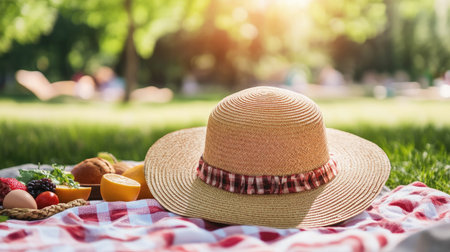 Detailed view of a traditional straw hat with a wide brim, placed on a picnic blanket with summer foods and a sunny background -の素材