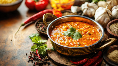 Detailed view of a pot with a simmering curry, surrounded by fresh spices and ingredients on a vibrant kitchen countertopの素材