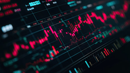 Detailed view of a stock market graph with rising and falling trends, accompanied by investment notes -の素材