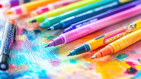 Detailed view of colorful pens and markers scattered on a sketchbook, with a variety of vibrant colors and artistic toolsの素材