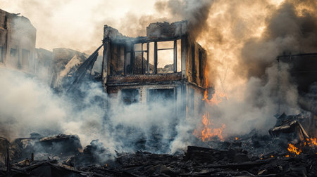 Detailed view of smoke rising from an abandoned building fire, with remnants of the structure and firefighting effortsの素材