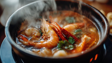 Detailed view of a steaming bowl of Tom Yum Goong, showcasing the bright red chili, shrimp, and fragrant broth in a cozy settingの素材