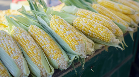 Detailed view of sweet corn in a market stall, with a variety of fresh ears neatly arranged and ready for purchase -の素材