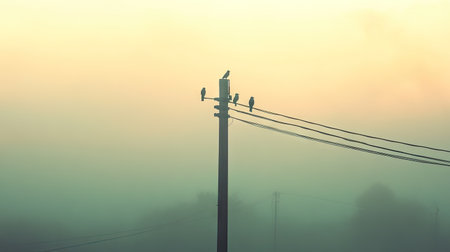 Electric pole with birds perched on the cables, soft morning light in a peaceful setting -の素材