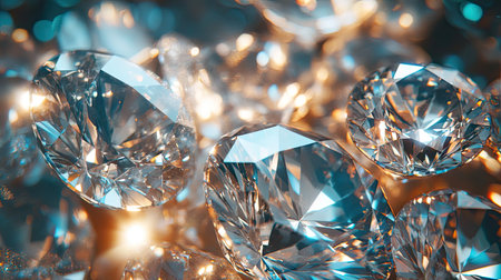 Extreme close-up of multiple diamonds in a cluster, showcasing their different cuts and sizesの素材