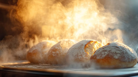 Freshly baked bread coming out of the oven, with steam escaping from the golden crustの素材