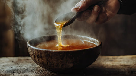Hot soup being ladled into a bowl, steam swirling up from the rich broth, rustic wooden tableの素材