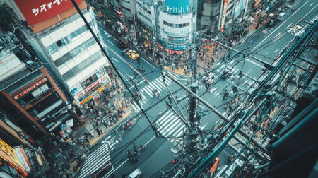 High-angle view of power poles crisscrossing a busy city street, with cars and people below -の素材