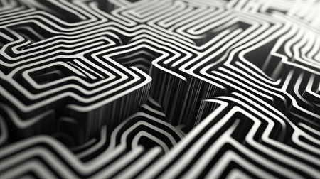 High-contrast abstract lines forming a maze-like pattern, futuristic and intricate design -の素材