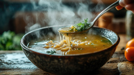 Hot soup being ladled into a bowl, steam swirling up from the rich broth, rustic wooden tableの素材
