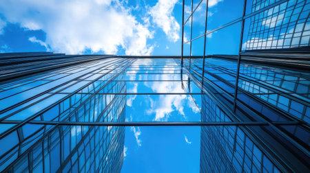 Modern blue glass skyscrapers reflecting the sky, urban architecture conceptの素材