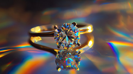 Macro shot of a diamond ring on a reflective surface, with light creating rainbow effectsの素材