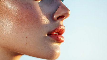 Side profile of a human face with clear skin, showcasing the contours and natural beautyの素材