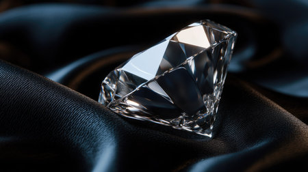 Macro image of a diamond on black velvet, emphasizing its sharp edges and flawless surface -の素材