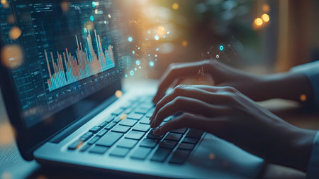 Interactive dashboard with real-time data graphs, hands typing on a keyboardの素材