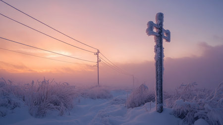 Power pole covered in snow during winter, with frosty cables and a soft sky -の素材