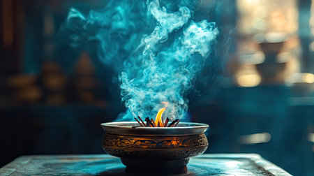 Swirling smoke trails rising from a burning incense burner, creating a calm and meditative environment. -の素材