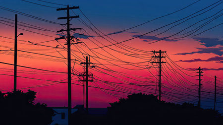 Silhouette of electric power poles at sunset, with colorful sky and power lines stretching across -の素材