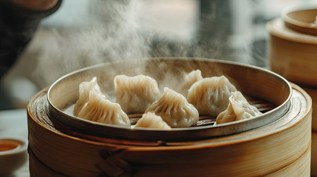 Steaming dumplings being taken out of a bamboo steamer, traditional Asian kitchen atmosphere -の素材