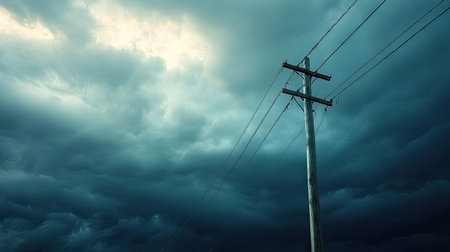 Power pole with visible wires stretching into the distance, against a dramatic stormy skyの素材