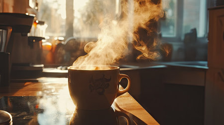 White smoke curling up from a hot cup of coffee, with a cozy background of a warm, rustic kitchen.の素材