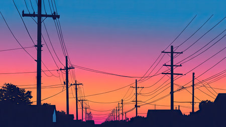 Silhouette of electric power poles at sunset, with colorful sky and power lines stretching across -の素材