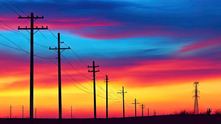 Silhouette of electric power poles at sunset, with colorful sky and power lines stretching across -の素材