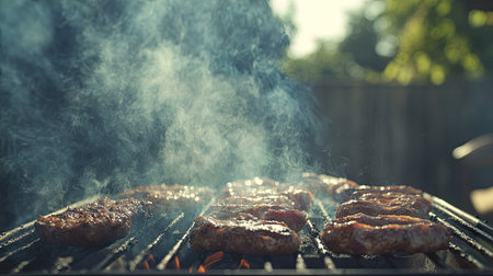 Smoke drifting lazily from a barbecue grill, with juicy meats sizzling in the background of a summer cookout. -の素材