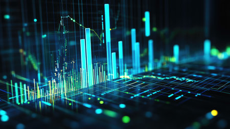 Vibrant 3D bar chart in blue and green, with a digital interface overlay, set against a dark backgroundの素材