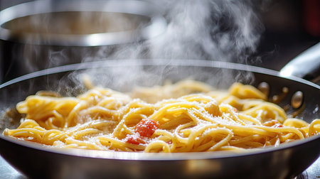 Steamy pasta being tossed in a pan with a rich sauce, Italian kitchen scene -の素材