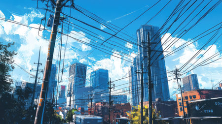 Urban landscape with power poles intersecting, modern buildings in the backgroundの素材