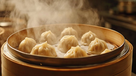 Steaming dumplings being taken out of a bamboo steamer, traditional Asian kitchen atmosphere -の素材