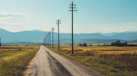 Row of electric poles along a rural road, with fields and mountains in the distanceの素材