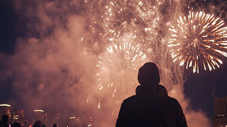 Smoke trails from fireworks lighting up the night sky, adding to the festive celebration atmosphere. -の素材