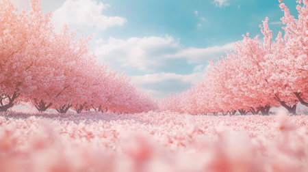 Wide shot of a beautiful field of cherry blossoms in full bloom, with soft pink petals covering the landscapeの素材