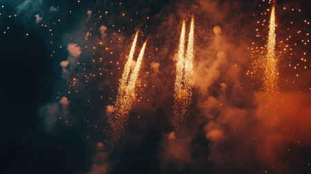 Smoke trails from fireworks lighting up the night sky, adding to the festive celebration atmosphere. -の素材