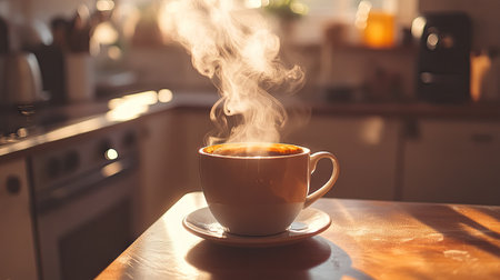 White smoke curling up from a hot cup of coffee, with a cozy background of a warm, rustic kitchen.の素材