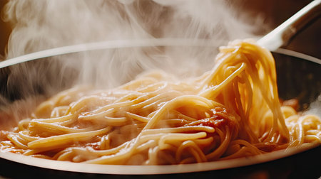 Steamy pasta being tossed in a pan with a rich sauce, Italian kitchen scene -の素材