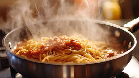 Steamy pasta being tossed in a pan with a rich sauce, Italian kitchen scene -の素材