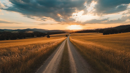 Wide shot of a picturesque road leading through a golden field at sunset, with dramatic sky colors and long shadows -の素材