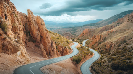 Wide shot of a mountainous road with hairpin turns, surrounded by dramatic rock formations and a cloudy sky -の素材